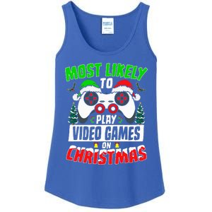 Most Likely Play Video Games On Christmas Xmas Family  Ladies Essential Tank