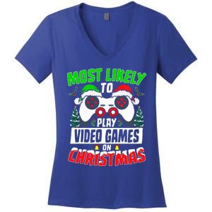 Most Likely Play Video Games On Christmas Xmas Family  Women's V-Neck T-Shirt