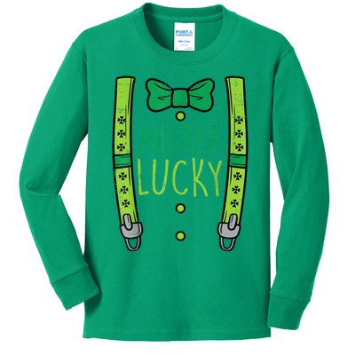 Mister Lucky Suspenders Happy St Patrick's Day Boys Toddlers Kids Long Sleeve Shirt