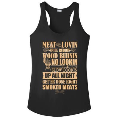 Meat Lovin Spice Rubbin Wood Burnin No Lookin Slow Cookin Smoked Meats Ladies PosiCharge Competitor Racerback Tank