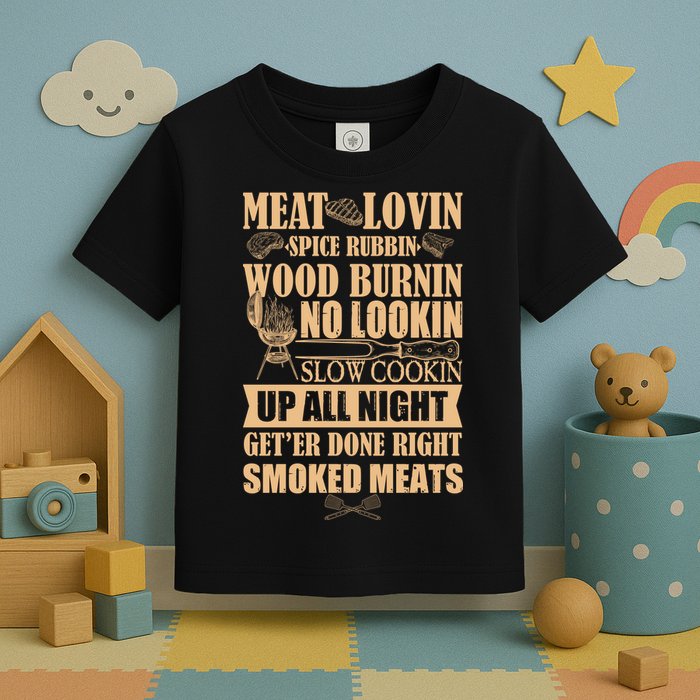 Meat Lovin Spice Rubbin Wood Burnin No Lookin Slow Cookin Smoked Meats Toddler T-Shirt