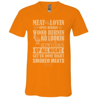 Meat Lovin Spice Rubbin Wood Burnin No Lookin Slow Cookin Smoked Meats V-Neck T-Shirt