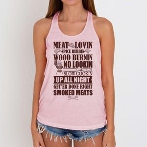 Meat Lovin Spice Rubbin Wood Burnin No Lookin Slow Cookin Smoked Meats Women's Knotted Racerback Tank