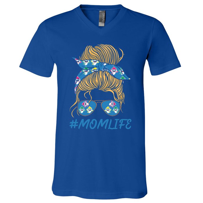 Mom Life Shark Sunglasses Shark Print Bandana Gift V-Neck T-Shirt