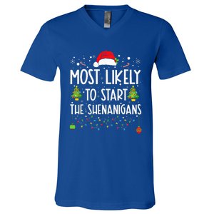 Most Likely To Start The Shenanigans Christmas Family V-Neck T-Shirt