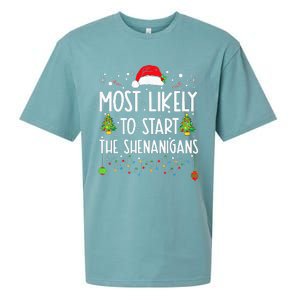 Most Likely To Start The Shenanigans Christmas Family Sueded Cloud Jersey T-Shirt