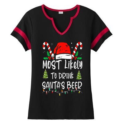 Most Likely To Drink Santa's Beer Christmas Drinking Wine Ladies Halftime Notch Neck Tee