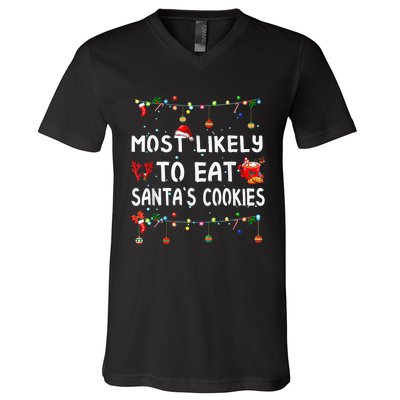 Most Likely To Christmas Shirt Funny Matching Family Pajamas V-Neck T-Shirt