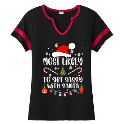 Most Likely To Get Sassy With Santa Christmas Tree Santa Gift Ladies Halftime Notch Neck Tee