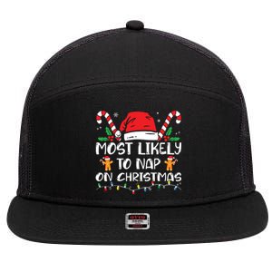 Most Likely To Nap On Christmas Funny Family Christmas 7 Panel Mesh Trucker Snapback Hat