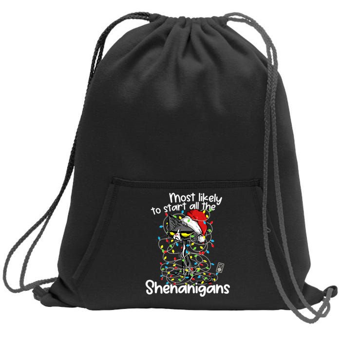 Most Likely To Start All The Shenanigans Funny Cat Christmas Sweatshirt Cinch Pack Bag