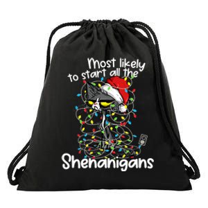 Most Likely To Start All The Shenanigans Funny Cat Christmas Drawstring Bag