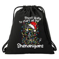 Most Likely To Start All The Shenanigans Funny Cat Christmas Drawstring Bag