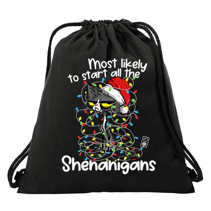 Most Likely To Start All The Shenanigans Funny Cat Christmas Drawstring Bag