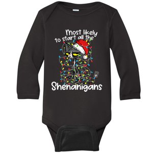 Most Likely To Start All The Shenanigans Funny Cat Christmas Baby Long Sleeve Bodysuit