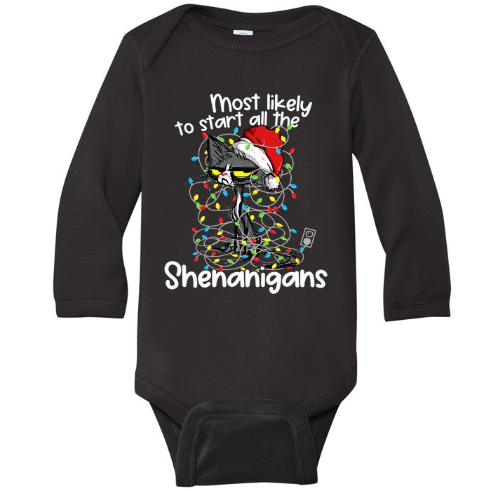 Most Likely To Start All The Shenanigans Funny Cat Christmas Baby Long Sleeve Bodysuit