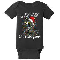 Most Likely To Start All The Shenanigans Funny Cat Christmas Baby Bodysuit