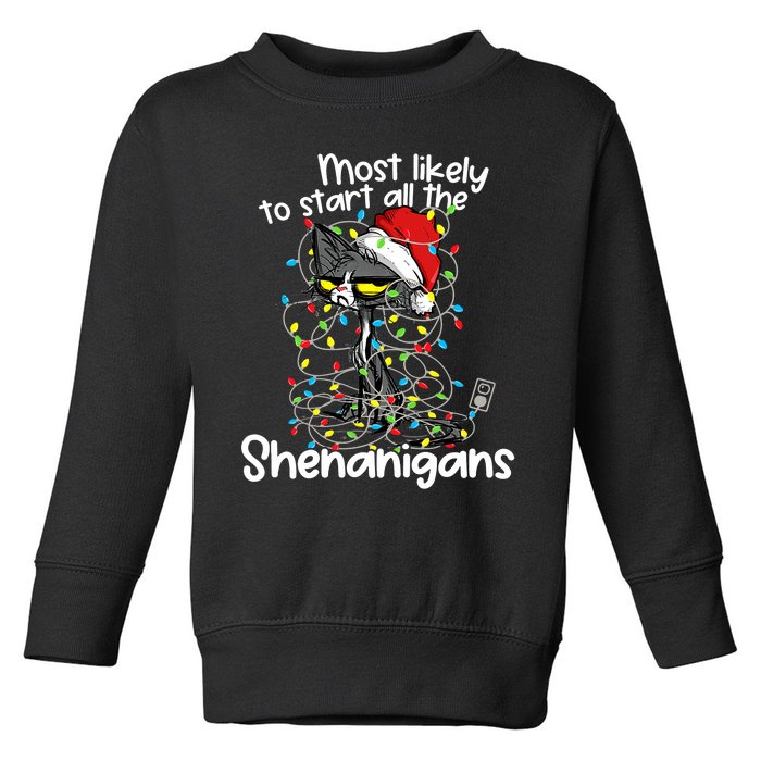 Most Likely To Start All The Shenanigans Funny Cat Christmas Toddler Sweatshirt