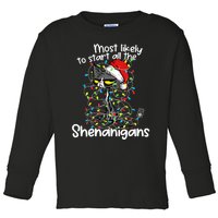 Most Likely To Start All The Shenanigans Funny Cat Christmas Toddler Long Sleeve Shirt