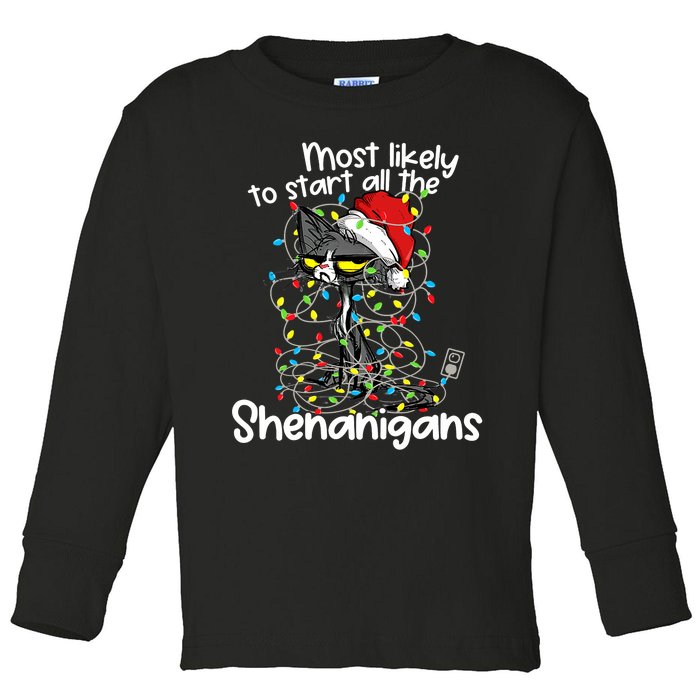 Most Likely To Start All The Shenanigans Funny Cat Christmas Toddler Long Sleeve Shirt