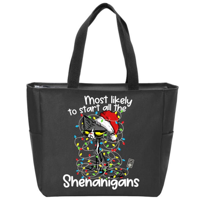 Most Likely To Start All The Shenanigans Funny Cat Christmas Zip Tote Bag