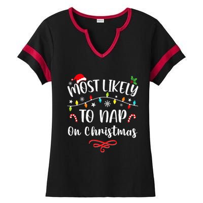 Most Likely To Nap On Christmas Family Christmas Pajamas  Ladies Halftime Notch Neck Tee