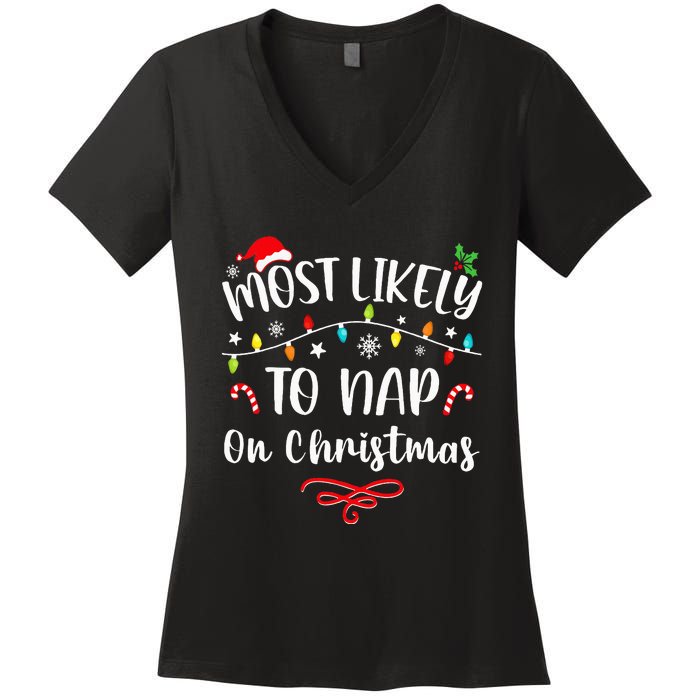 Most Likely To Nap On Christmas Family Christmas Pajamas  Women's V-Neck T-Shirt