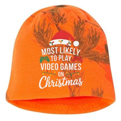 Most Likely To Play Video Games On Christmas Funny Gamer Kati - Camo Knit Beanie