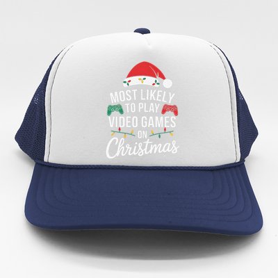 Most Likely To Play Video Games On Christmas Funny Gamer Trucker Hat