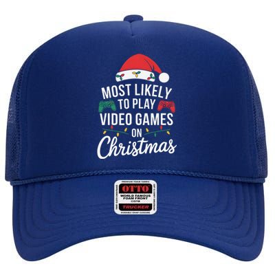 Most Likely To Play Video Games On Christmas Funny Gamer High Crown Mesh Back Trucker Hat