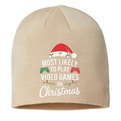 Most Likely To Play Video Games On Christmas Funny Gamer Sustainable Beanie