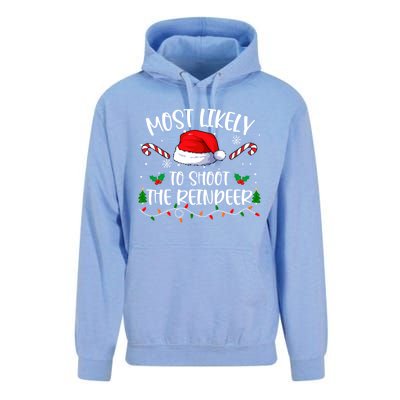 Most Likely To Shoot The Reindeer Santa Christmas Matching Meaningful Gift Unisex Surf Hoodie