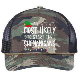 Most Likely To Start The Shenanigans Elf Christmas Family Retro Rope Trucker Hat Cap