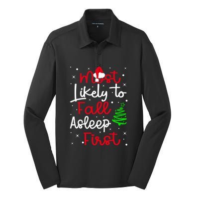 Most Likely To Fall Asleep First Family Matching Christmas Gift Silk Touch Performance Long Sleeve Polo