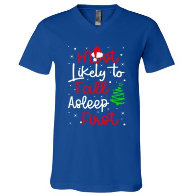 Most Likely To Fall Asleep First Family Matching Christmas Gift V-Neck T-Shirt