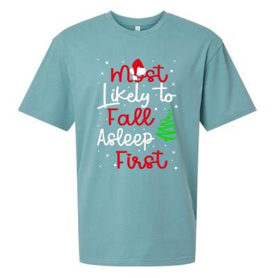 Most Likely To Fall Asleep First Family Matching Christmas Gift Sueded Cloud Jersey T-Shirt