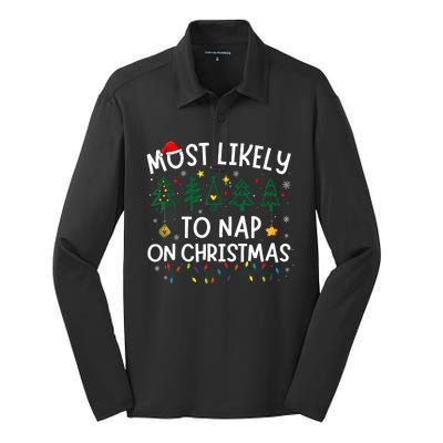 Most Likely To Nap On Christmas Santa Family Pajama Matching Silk Touch Performance Long Sleeve Polo