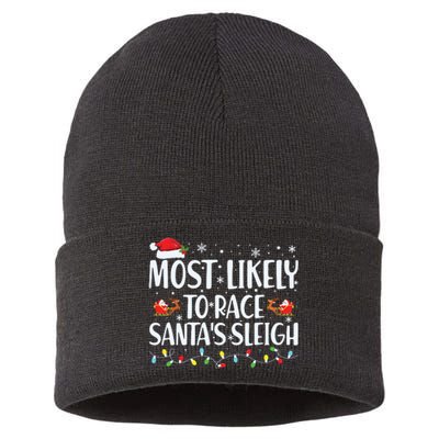 Most Likely To Race Santas Sleigh Family Christmas Pajamas Sustainable Knit Beanie