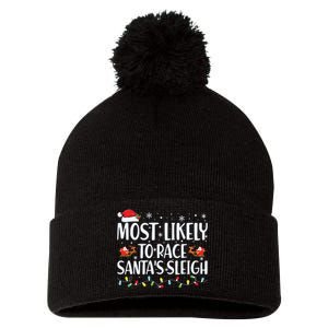 Most Likely To Race Santas Sleigh Family Christmas Pajamas Pom Pom 12in Knit Beanie