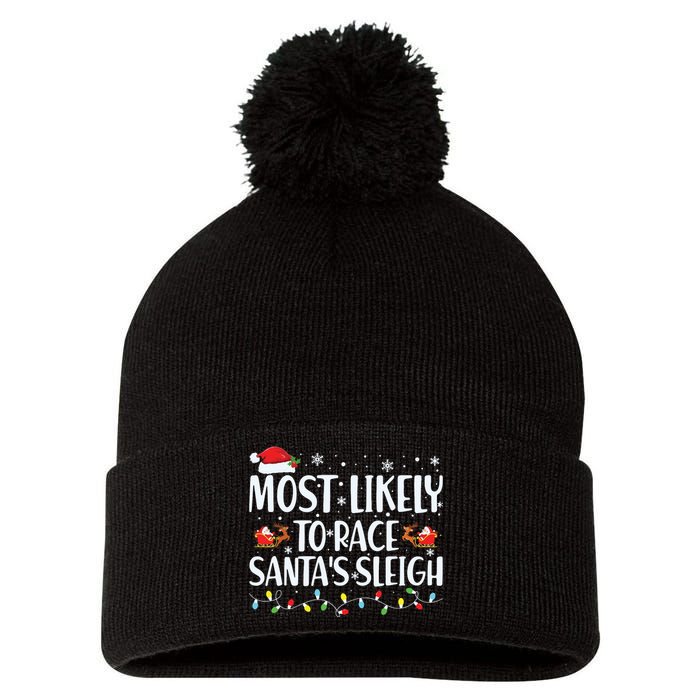 Most Likely To Race Santas Sleigh Family Christmas Pajamas Pom Pom 12in Knit Beanie