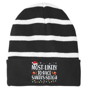 Most Likely To Race Santas Sleigh Family Christmas Pajamas Striped Beanie with Solid Band