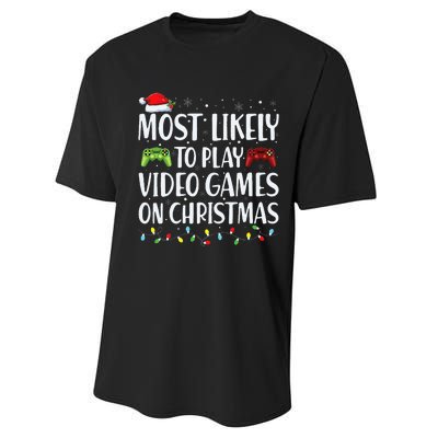 Most Likely To Play Video Game On Christmas Santa Gaming Performance Sprint T-Shirt