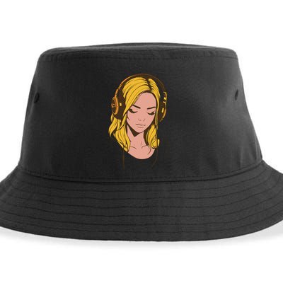 Minimalist Listening To Music With Headphones Cool Gift Sustainable Bucket Hat