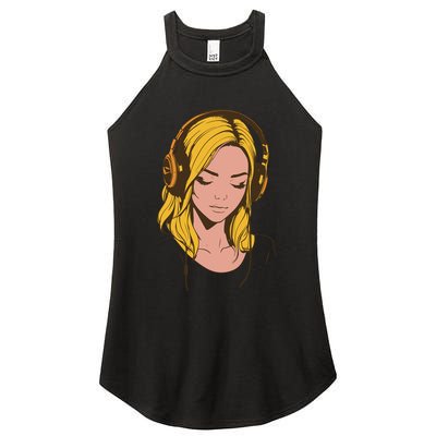Minimalist Listening To Music With Headphones Cool Gift Women's Perfect Tri Rocker Tank