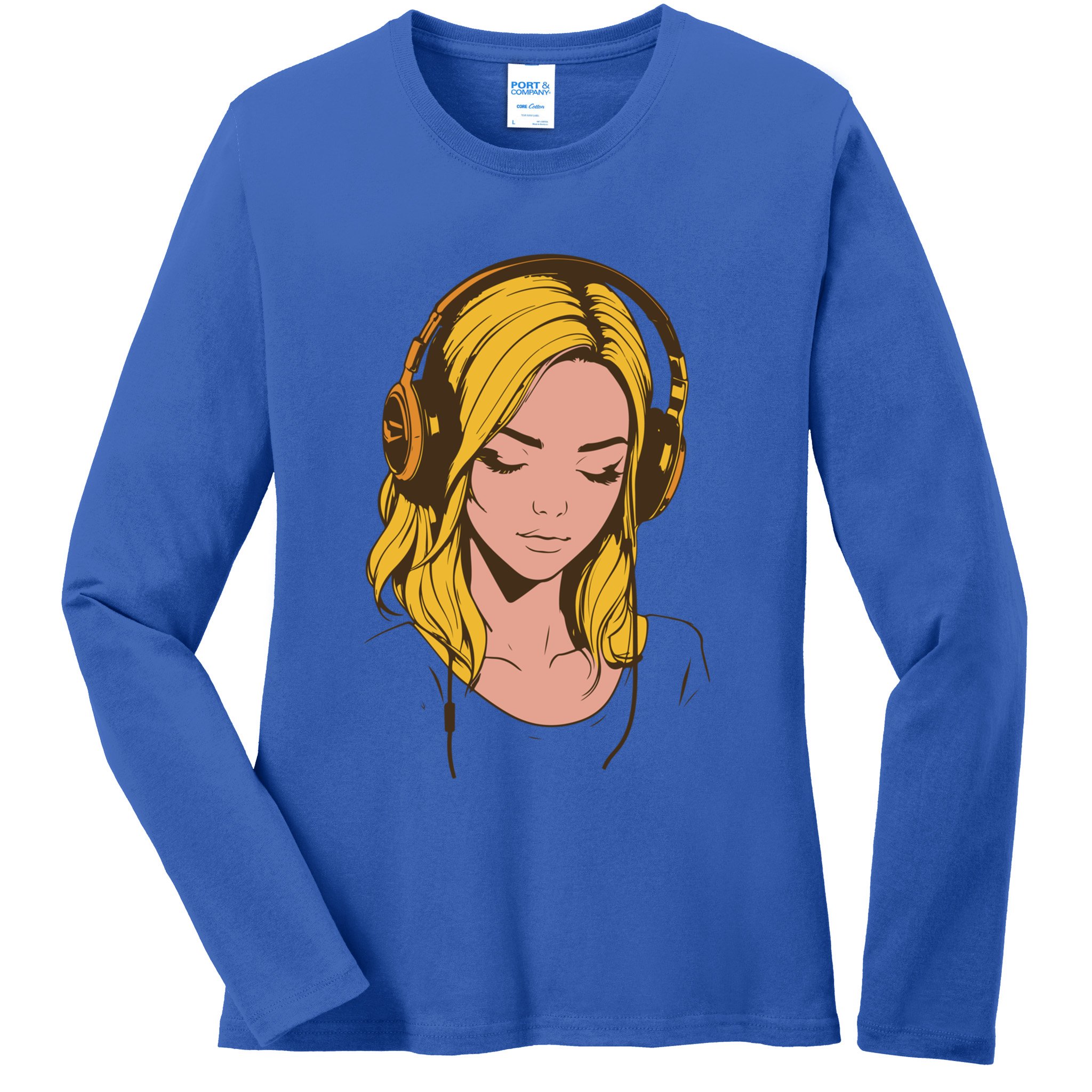 Minimalist Listening To Music With Headphones Cool Gift Ladies Long Sleeve Shirt