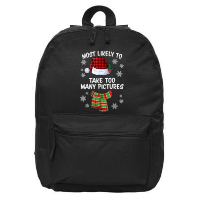 Most Likely To Take Too Many Pictures Funny Christmas 16 in Basic Backpack