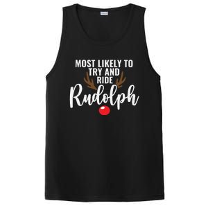 Most Likely To Try Ride Rudolph Funny Couples Christmas PosiCharge Competitor Tank