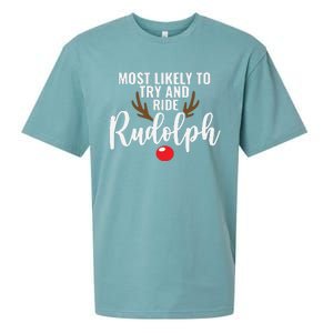 Most Likely To Try Ride Rudolph Funny Couples Christmas Sueded Cloud Jersey T-Shirt