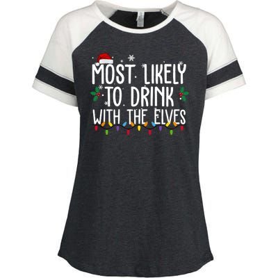 Most Likely To Drink With The Elves Funny Christmas Enza Ladies Jersey Colorblock Tee