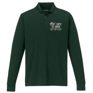 Most Likely To Drink With The Elves Funny Christmas Performance Long Sleeve Polo